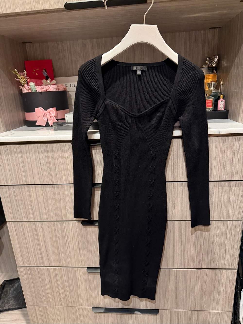 Guess Black Long-Sleeve Ribbed Knit Bodycon Dress